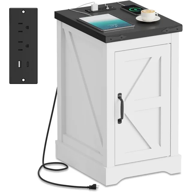Triumpunpre Nachtkastje met deur, landelijke stijl nachtkast, wit‑grijs bedside kastje voor slaapkamer,nachtkastje voor woonkamer/slaapkamer/kantoor-Wit