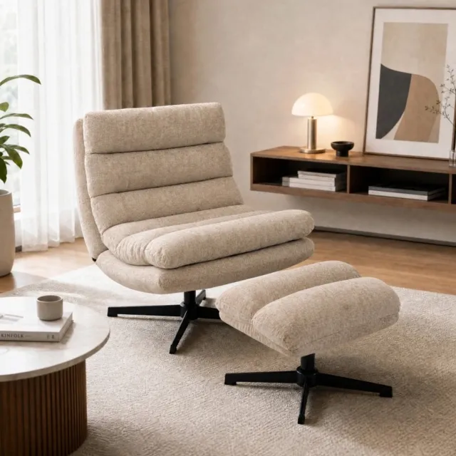 HAUSS SPOLE Draaibare Fauteuil met Voetenbank - Verstelbare Voetenbank en Brede Zitting - Voor Woonkamer en Slaapkamer - Chenillestof - Bruin Beige