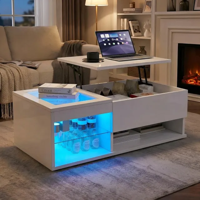 Parasha Nova Salontafel - wit- salontafel in hoogte verstelbaar met opbergruimte, led-verlichting - moderne hoogglans tafel voor woonkamer, 100x55x35cm