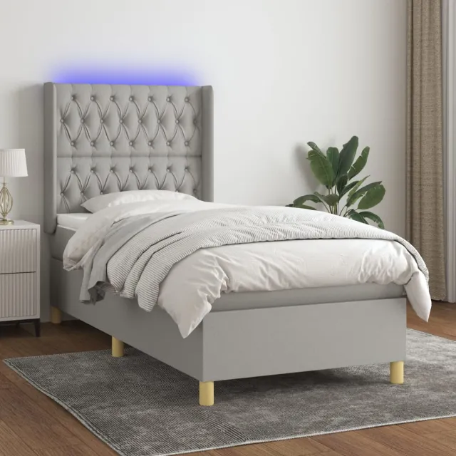 vidaXL Boxspring met matras en LED stof lichtgrijs 90x200 cm grijs