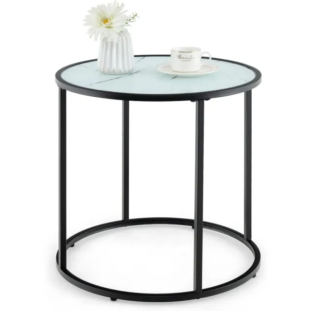 Costway Bijzettafel, ronde salontafel, koffietafel met marmeren imitatie glasplaat en verstelbare poten, kleine salontafel voor woonkamer, slaapkamer, 50 x 50 x 50 cm Zwart + wit