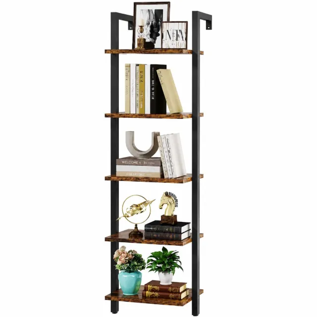 S-S Ladderkast Met 5 Niveaus - Industriële Boekenkast Met Houten Planken En Metalen Frame - DIY Staand Rek / Wandrek Voor Boeken, Planten En Decoratie - Rustiek Bruin Voor Woonkamer, Kantoor En Balkon