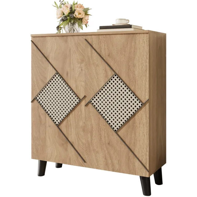 Merax Schoenenkast 80x32x91 cm – Houten Schoenenkast met 3 Deuren – Moderne Opbergkast met Rattandetail – Compact Halmeubel met Meerdere Legplanken Bruin