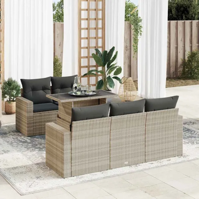 vidaXL 6-delige Loungeset met kussens poly rattan lichtgrijs grijs, foto 2