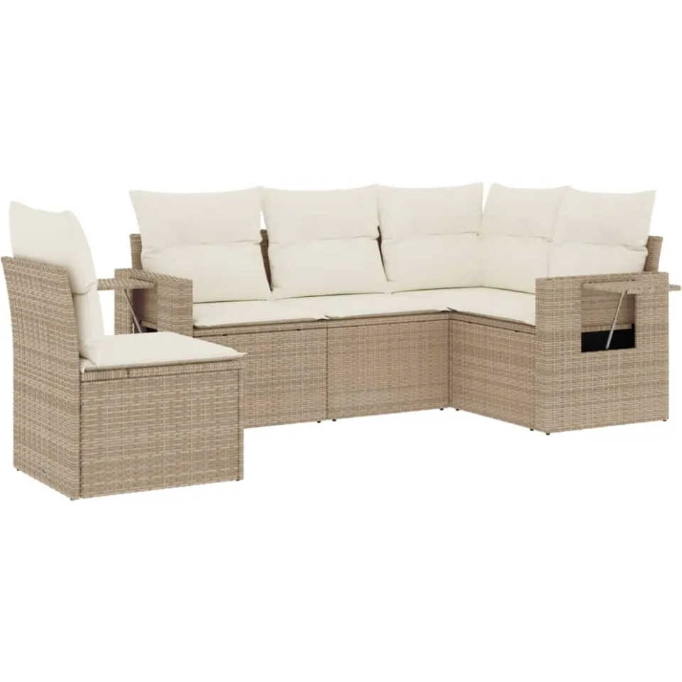 vidaXL 5-delige Loungeset met kussens poly rattan beige