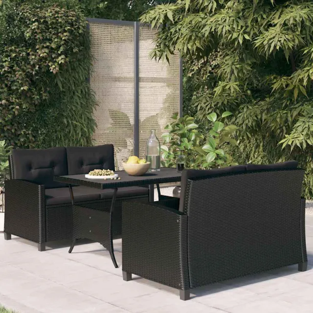 vidaXL 3-delige Tuinset met kussens poly rattan zwart, foto 2