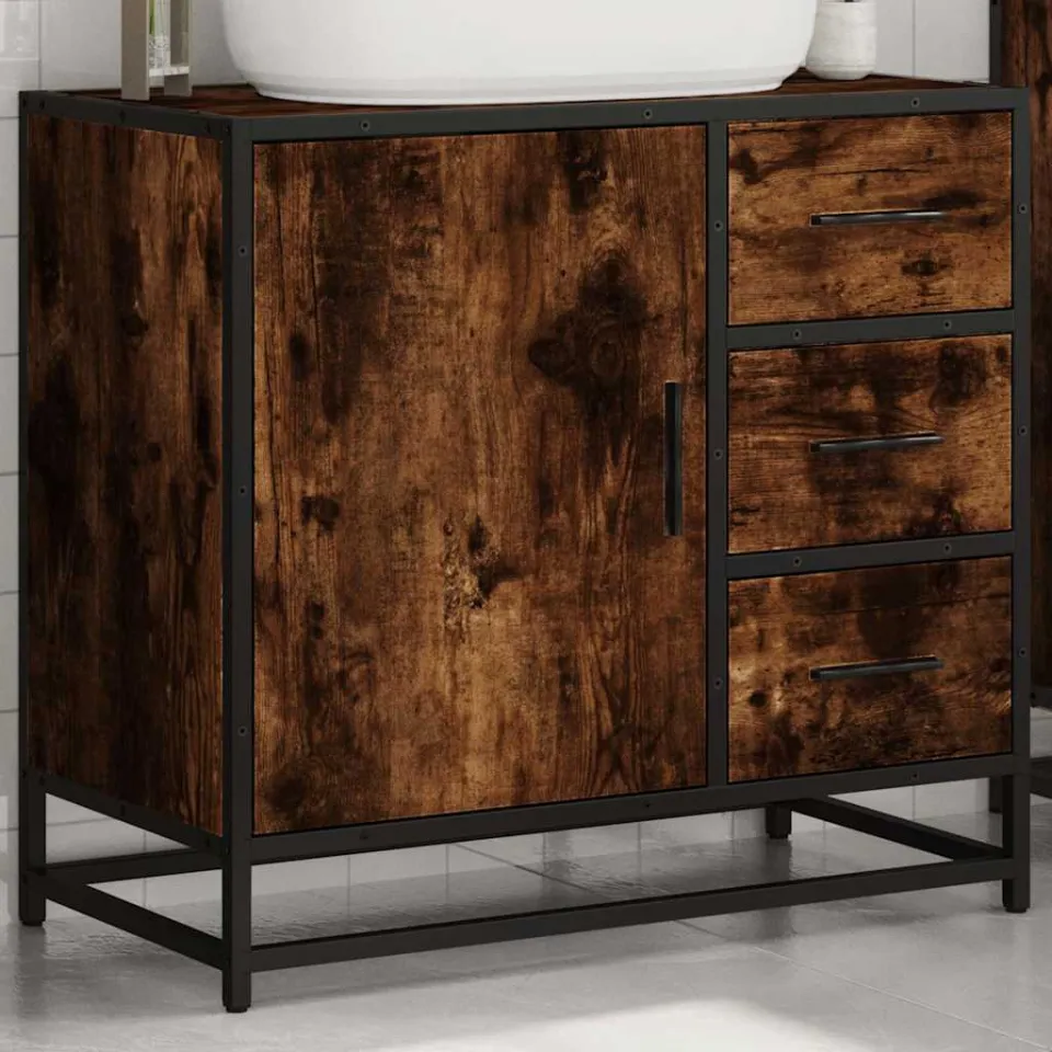 vidaXL Wastafelkast 65x33x60 cm bewerkt hout gerookt eikenkleurig, foto 4