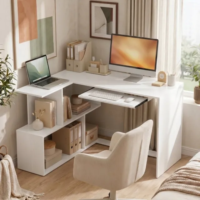 MIVRAY Hoekbureau - L Vormige Computertafel Met Toetsenbordlade En Open Opbergvakken - Voor Thuiswerk En Kantoor - Wit - 120x100x76 Cm