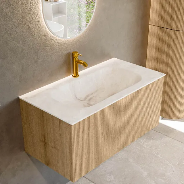 Mondiaz KURVE-DLUX 90 cm Onderkast Greeploos 1 Lade Zonder Deuren Oak, Wastafel Solid Surface Midden Frappe 1 Kraangat Zonder Spiegel (KRVBGS901L0D1KM-Oak/Fra)