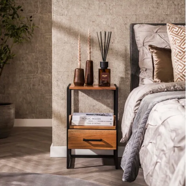 Meubelplaats Nilo XS - Nachtkastje - 1 lade en open vak - Acaciahout naturel - Smal - 35x35x55 cm massief acacia naturel