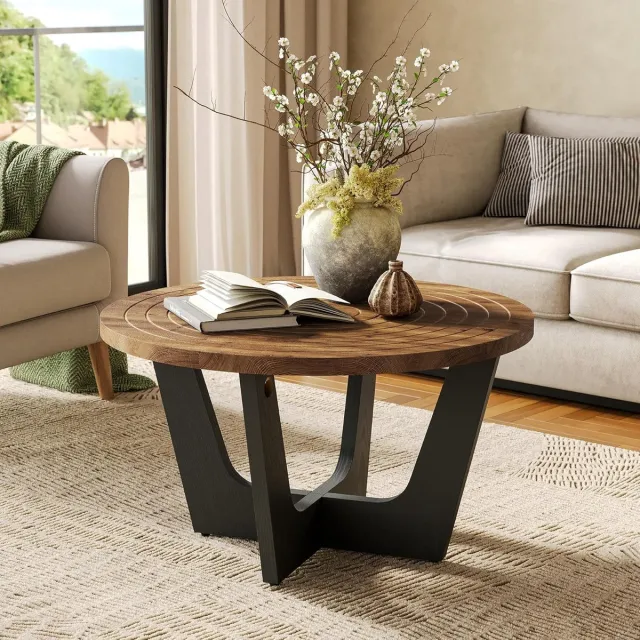 Tribesigns Ronde Salontafel van Massief Hout - Salontafel met Ringgroef - Bruin en Zwart - Tafel - Sidetable voor Woonkamer, Thuiskantoor - 80 x 80 x 45 cm