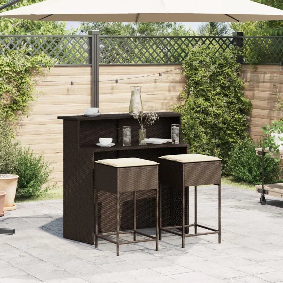 vidaXL 3-delige Tuinbarset met kussens poly rattan bruin, foto 2