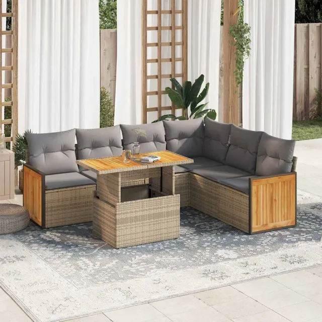 vidaXL 7-delige Loungeset met kussens poly rattan acacia beige, foto 2