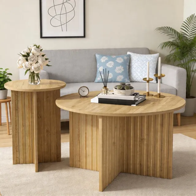 KOMHTOM Moderne 2-delige houten nesttafelset - Ronde salontafels en koffietafels in Scandinavisch design - Ruimtebesparende stabiele MDF/PB-constructie Naturel
