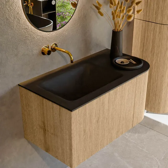Mondiaz KURVE 85 cm Onderkast Greeploos 1 Lade Met Deuren Oak, Wastafel Solid Surface Links Urban 0 Kraangaten Zonder Spiegel (KRVCLO85R1L1D0KL-Oak/Urb)
