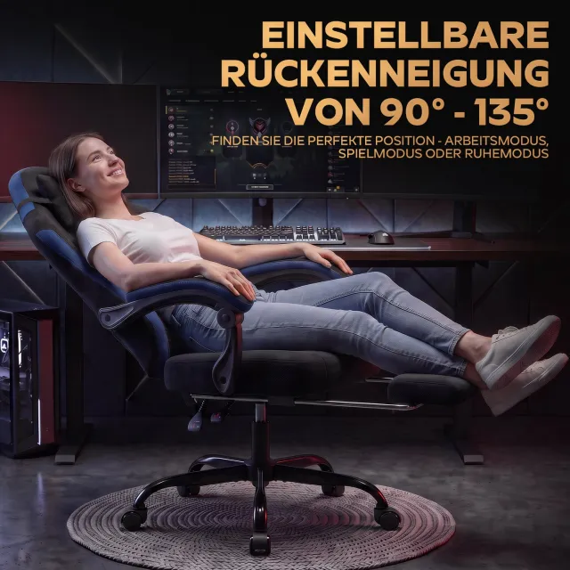 HAUSS SPOLE Gamingstoel - Ergonomische Bureaustoel met Hoofdsteun en Voetsteun - Verstelbare Rugleuning - Voor Werkkamer - Stof - Zwart en Blauw