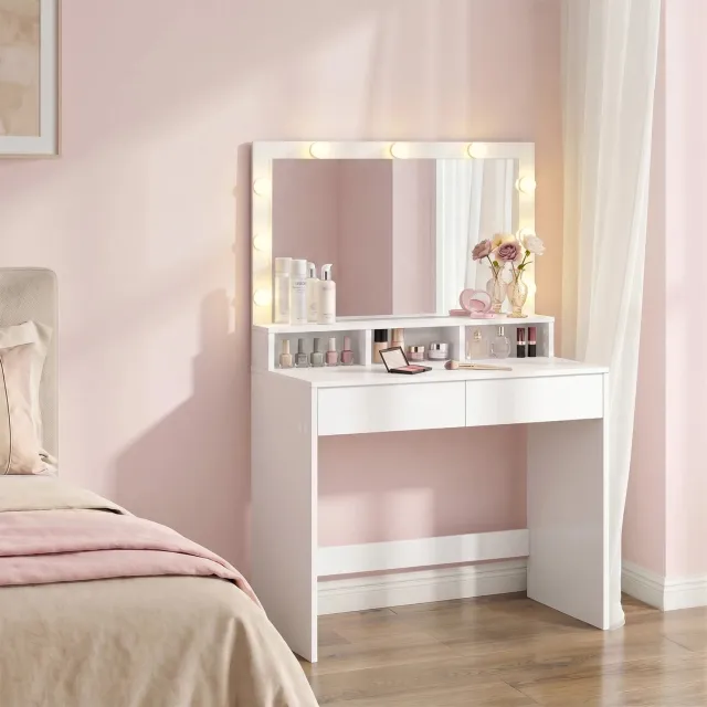Stars Kaptafel met LED Spiegel – Make-up Tafel met 3 Lichtstanden en Dimbare Verlichting – Hollywood Spiegel met 10 Lampen – Make-up Organizer met 2 Lades en Opbergvakken – Make-up Meubel voor Slaapkamer – Wit