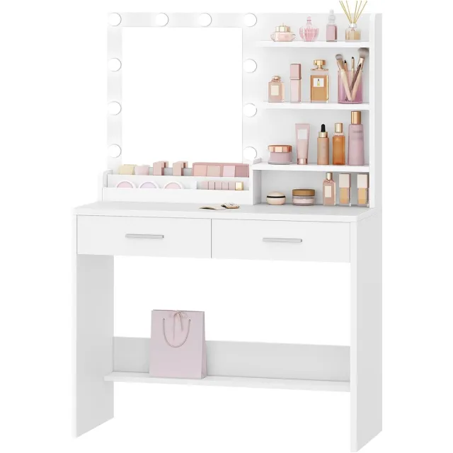 HILINSIE Kaptafel - Make up Tafel - Kaptafel met Spiegel en Verlichting - 90 cm - 3 Helderheidsniveaus - 2 Lades - 4 Open Planken en 2 Compartimenten - Wit- 40 x 90 x 140 cm - Modern