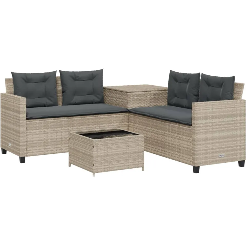 vidaXL Tuinbank met tafel en kussens L-vormig poly rattan lichtgrijs