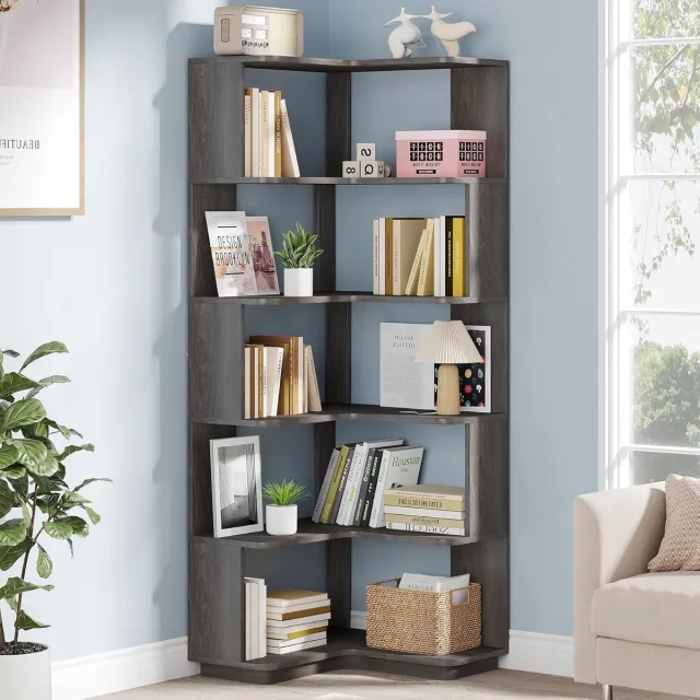 Tribesigns Boekenkast - Hoek boekenkast met 6 Planken - L-vormige boekenkast met verdelers - Hoge Geometrische Boekenkast - Grijs - 60 x 60 x 165 cm