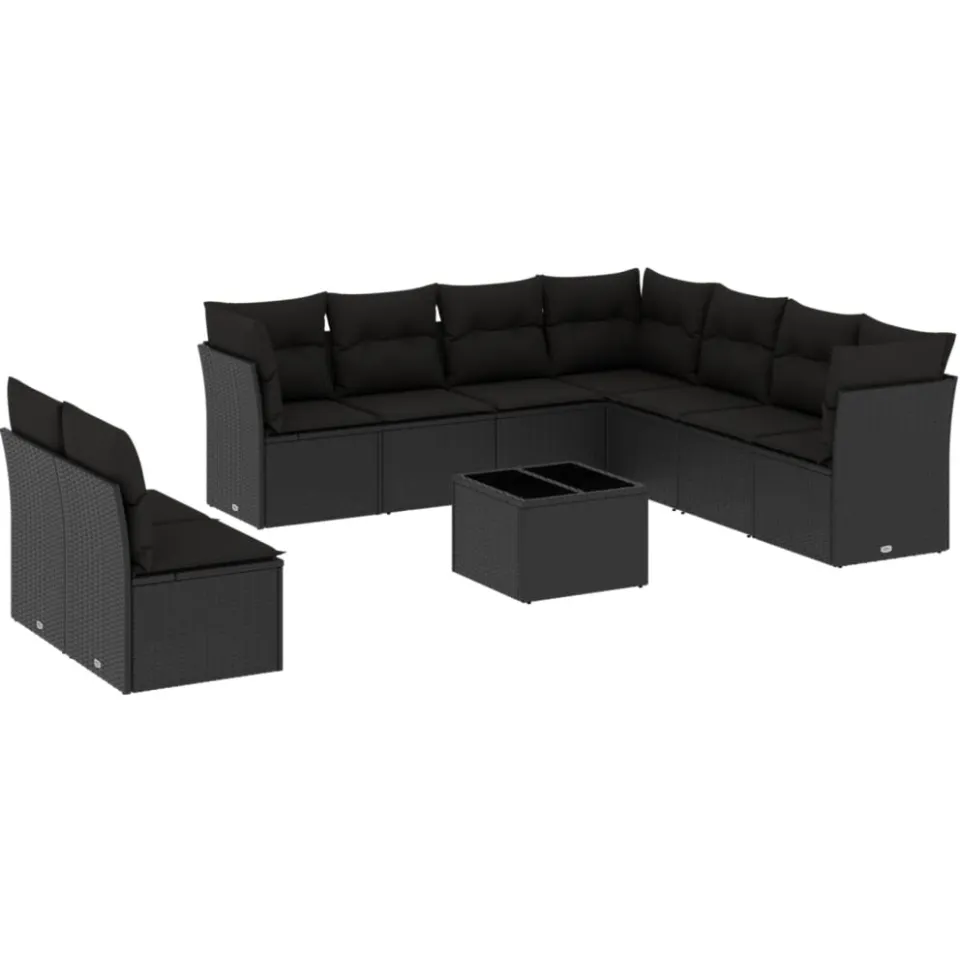 vidaXL 10-delige Loungeset met kussens poly rattan zwart