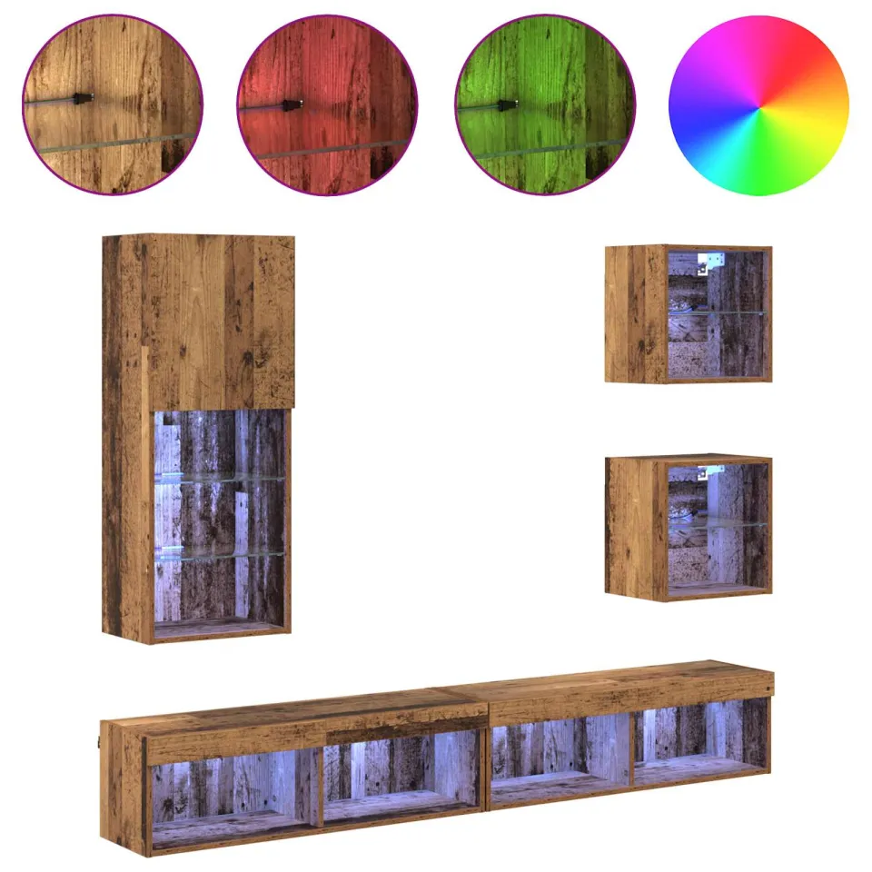 vidaXL TV Wand Eenheden met LED 5 st Oud Hout 100 x 30 x 30 cm bruin, foto 4