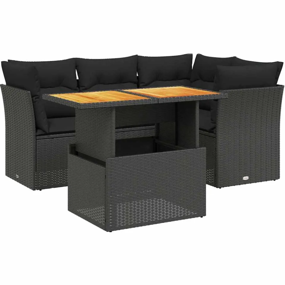vidaXL 5-delige Loungeset met kussens poly rattan zwart, foto 3