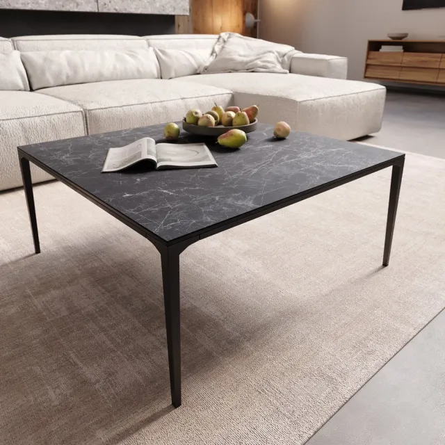 DELIFE Salontafel Levente Keramisch Laminam®Nero Greco grijs 85x85 cm Onderstel metaal zwart