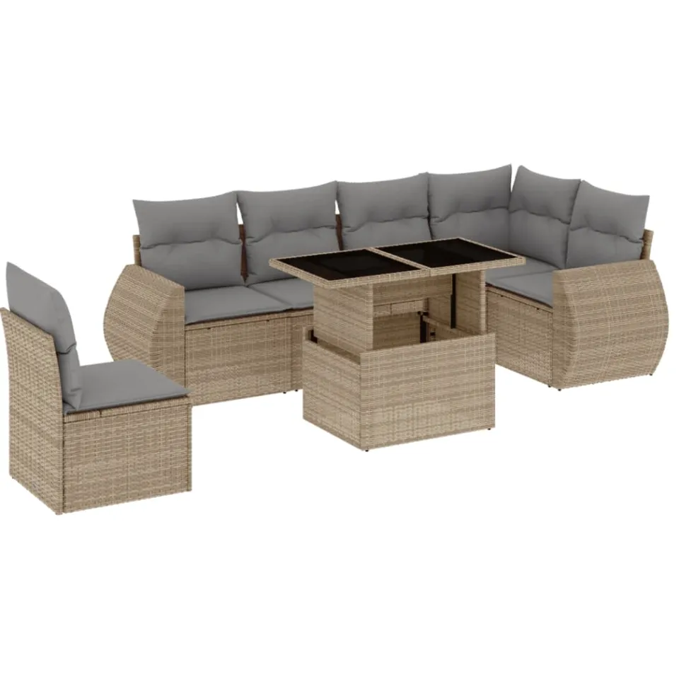 vidaXL 7-delige Loungeset met kussens poly rattan beige, foto 3