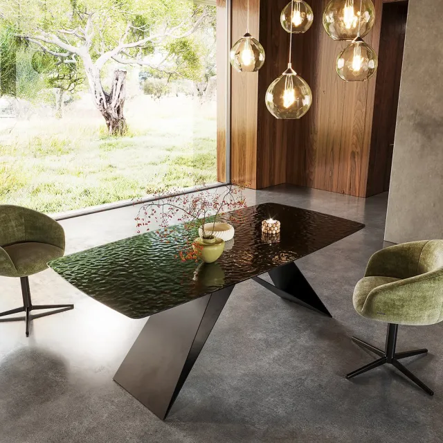 DELIFE Eetkamertafel Edge Boot Glas smelten rokerig zwart 3D-Relief 200x100 V-frame vlak staal zwart