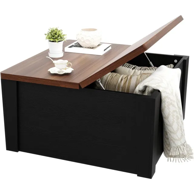 Triumpunpre 2-in-1 salontafel met opklapbaar blad- bijzettafel en verborgen opbergruimte- 80*80*41 cm- dik MDF en stabiele metalen structuur- zwart en walnoot