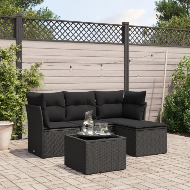 vidaXL 5-delige Loungeset met kussens poly rattan zwart, foto 2