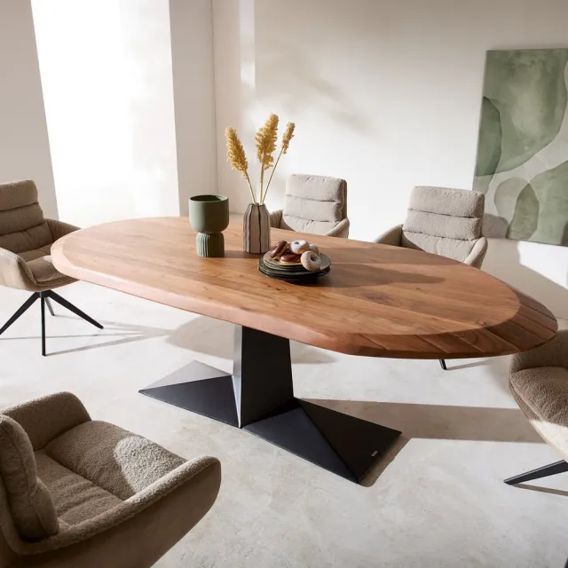 DELIFE Eettafel Aithon Acacia Bruin Metalen onderstel Zwart 240x105 cm Ovale eettafel