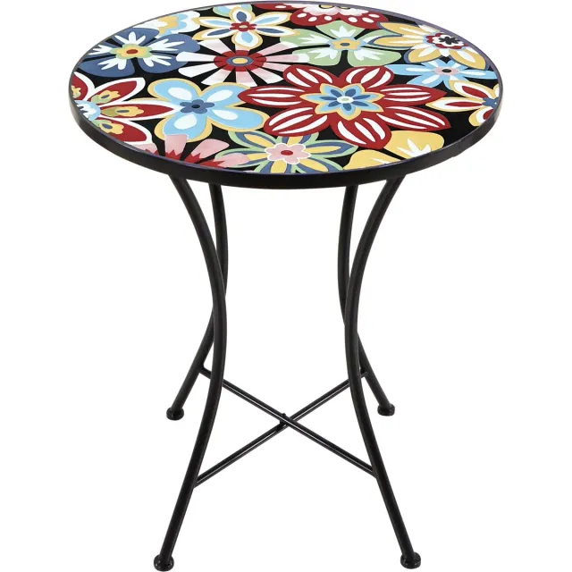 Axi Amélie Bistro Tafel - Fiesta Flower – Metalen tuintafel – Rond – 60 x 60 x 75 cm - Mozaïeklook – Ingelegd met keramische tegel – Voor tuin, terras en balkon Zwart