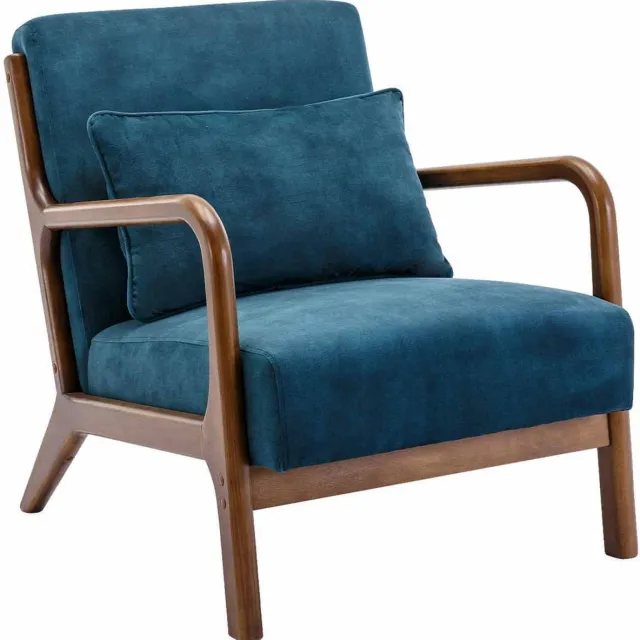 sweeek Scandinavische fauteuil walnootkleurig hout en fluweel - lorens Eendblauw