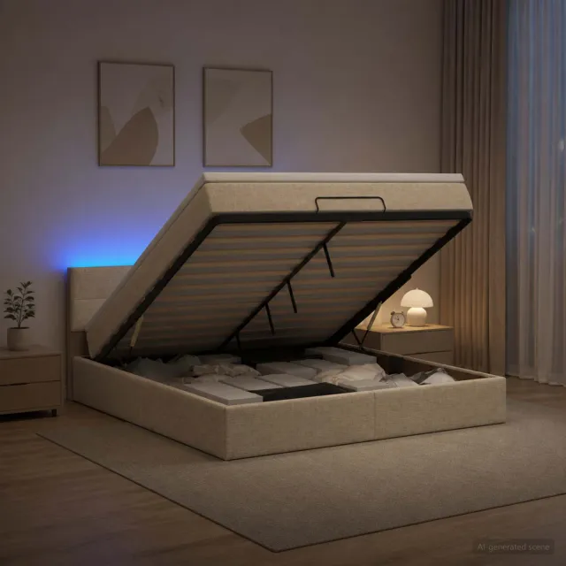 vidaXL Ottoman Bed met Matrassen en LED Crèmekleurig 180 x 200 cm Stof