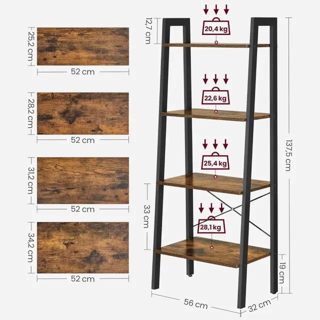 uJOY Boekenkast - 4 planken - Ladderplank met stevig metalen frame - Robuust uiterlijk - Bruin/zwart - 56x34x137.5cm