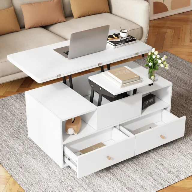 Sweiko Salontafel - Verstelbaar tafelblad - 4 lades - Met wieltjes - Wit