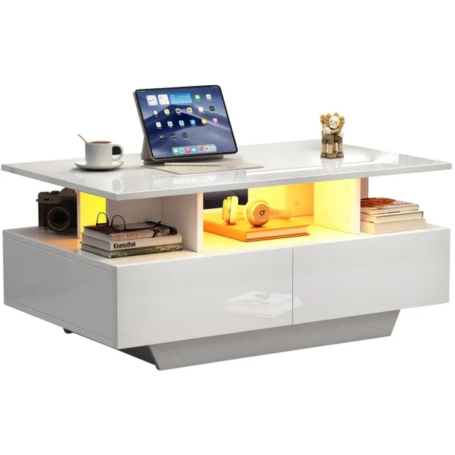 Merax Salontafel Wit Hoogglans – 90x55 cm – 2 Lades en LED Verlichting