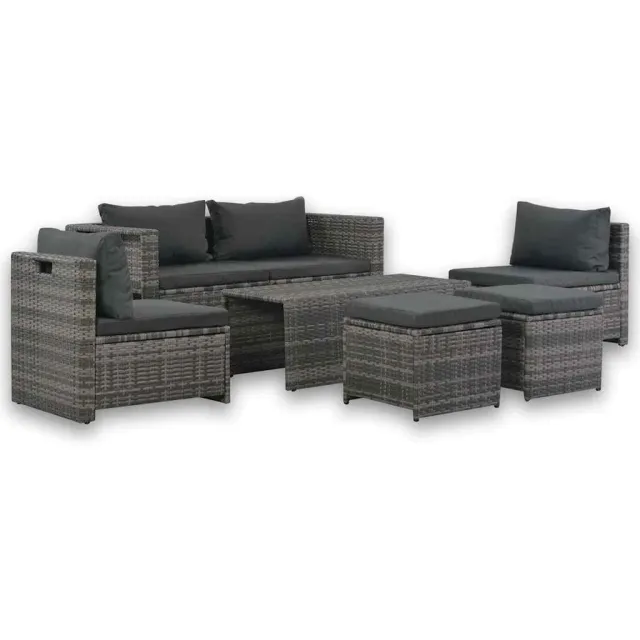 vidaXL Loungeset met kussens 6-delig poly rattan grijs