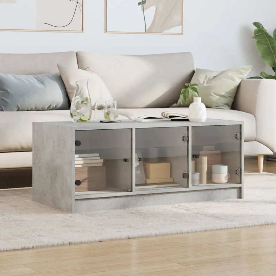 vidaXL Salontafel met glazen deuren 102x50x42 cm betongrijs grijs, foto 2