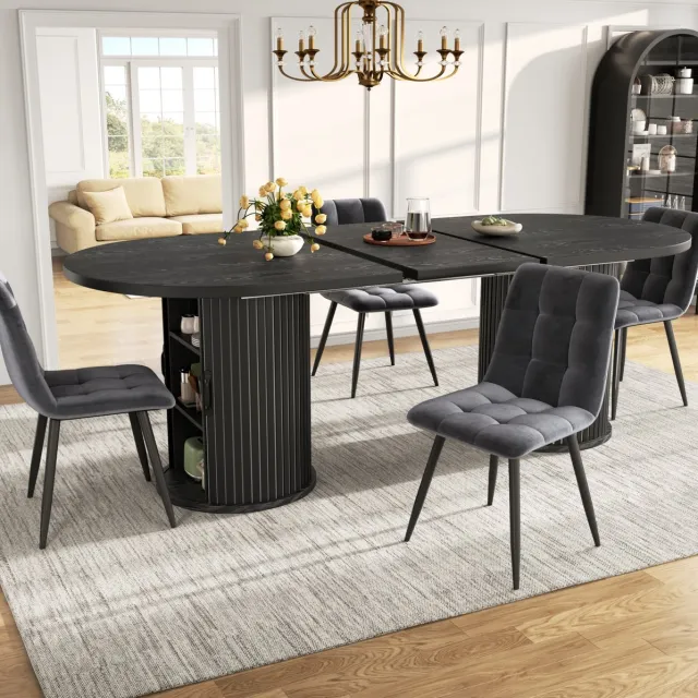 MODFU Uitschuifbare Eettafel - Verborgen Opbergvak - Modern - MDF En Metaal - Zwart - 150-190 Cm