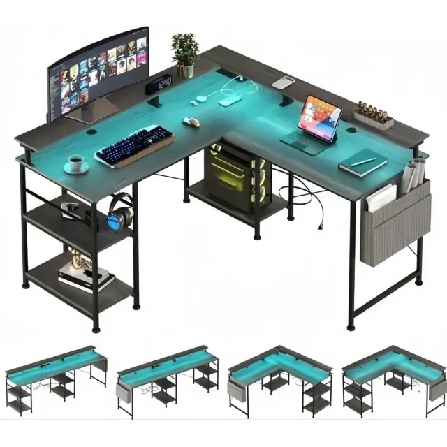 Gudalio Bureau - Hoekbureau - Computertafel - L-vormig - Gaming - LED verlichting - Stopcontacten - Bergruimte - Groot - Grijs