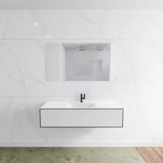 Mondiaz Badkamermeubelset Mondiaz LAGOM 130 cm met Gecentreerde Wastafel Solid Surface Met 1 Kraangat Mat Wit (1 lade)