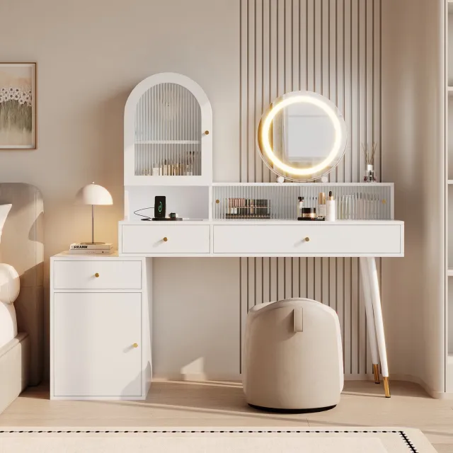 DantefHandels Kaptafel met led-spiegel, USB-C- & USB-aansluiting en 2 stopcontacten, flexibel L-vormig ontwerp met glazen blad, wit