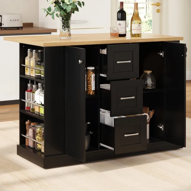 MODENUIT Keukeneiland - Klapbaar Werkblad Met 3 Lades - Voor Keuken En Eethoek - MDF - Zwart - 120x70x90 Cm