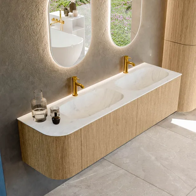 Mondiaz KURVE-DLUX 165 cm Onderkast Greeploos 2 Lades Met Deuren Oak, Wastafel Solid Surface Rechts Opalo 2 Kraangaten Zonder Spiegel (KRVSTS165L2L1D2KD-Oak/Opa)