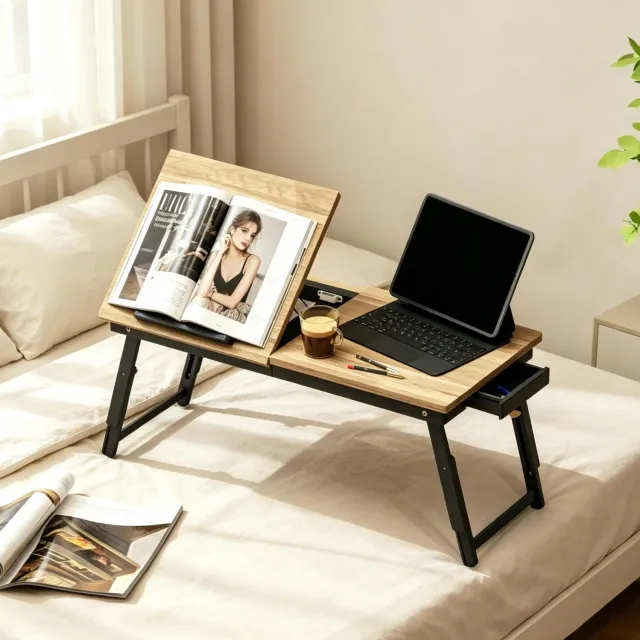 HAUSS SPOLE Bedtafel Verstelbaar – 83,5 x 33 x 23,5 tot 34 cm – Bamboe en MDF – Eikenkleur en Zwart – Met Kantelbaar Blad en Lade – Opklapbaar