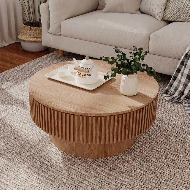 MIVRAY Salontafel - Ronde Tafel Met Verborgen Opbergruimte - Voor Woonkamer En Slaapkamer - Houtkleur MDF - 75 Cm Naturel Hout