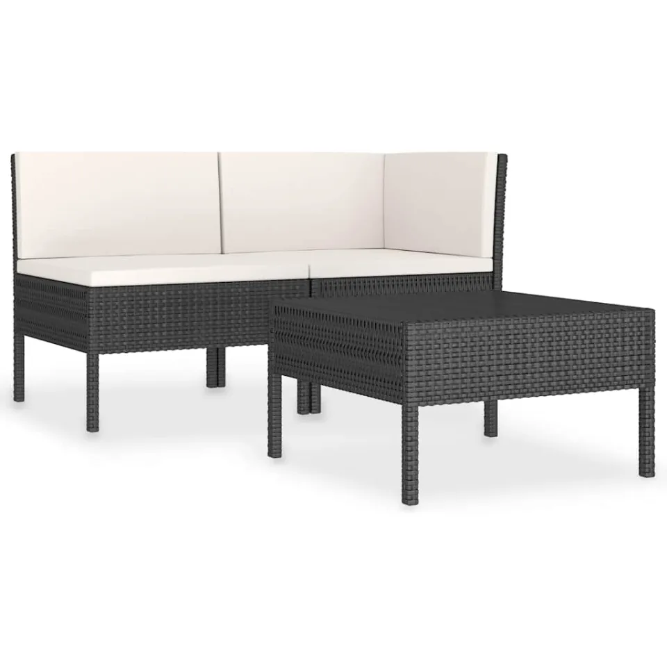 vidaXL 3-delige Loungeset met kussens poly rattan zwart